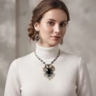 Oxidised Silver Black Stone Pearl Necklace Set 1