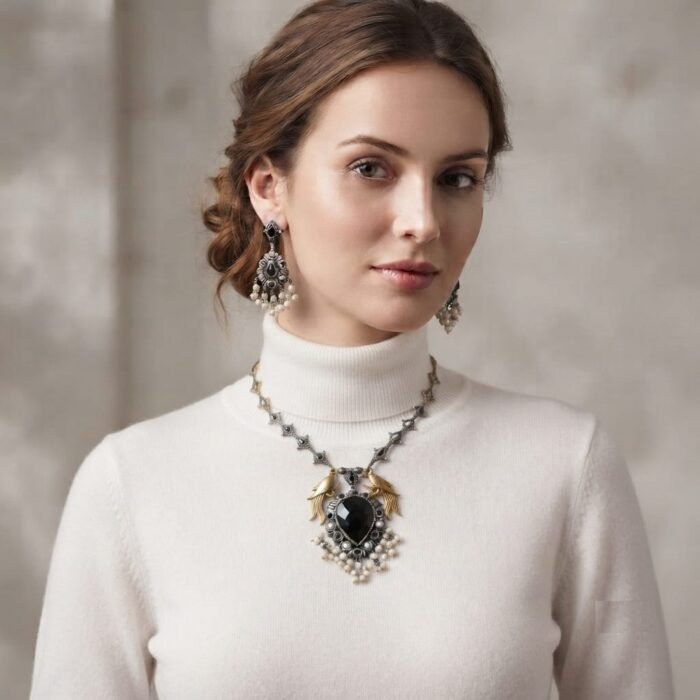 Oxidised Silver Black Stone Pearl Necklace Set 1