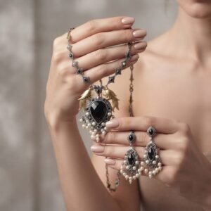 Oxidised Silver Black Stone Pearl Necklace Set 2