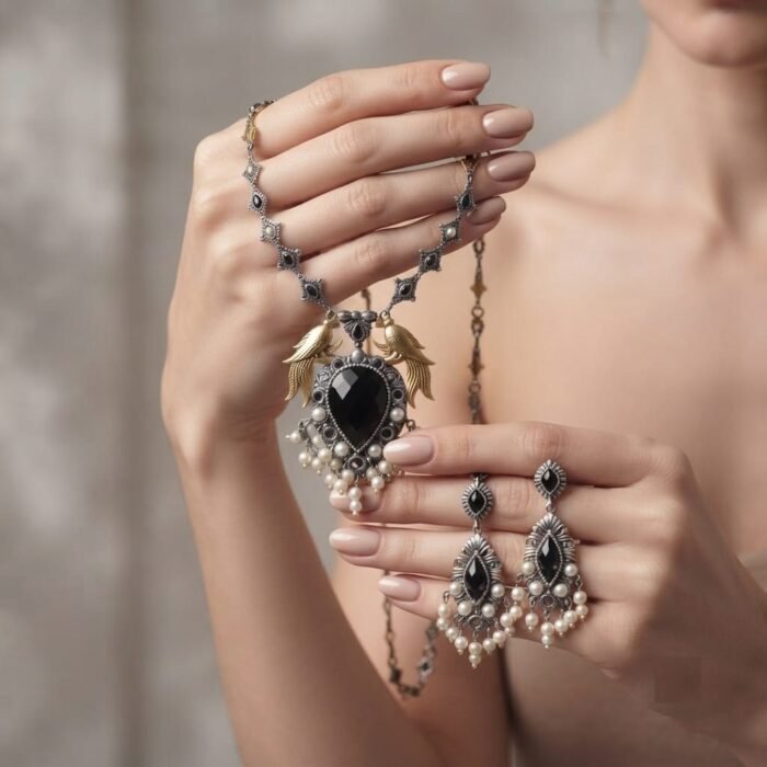 Oxidised Silver Black Stone Pearl Necklace Set 2