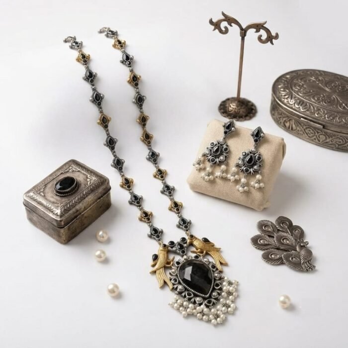 Oxidised Silver Black Stone Pearl Necklace Set 3