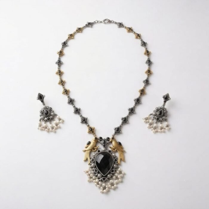 Oxidised Silver Black Stone Pearl Necklace Set 4