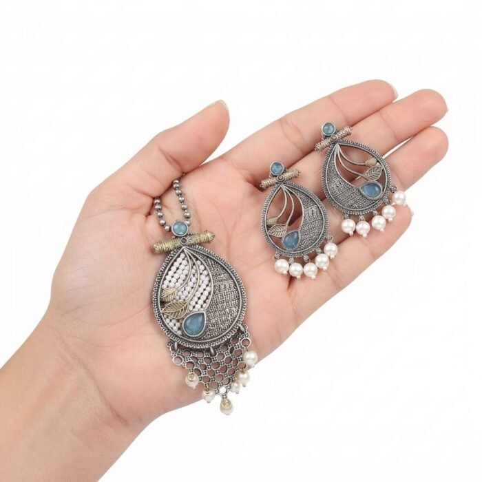 Oxidised Silver Blue Stone Necklace Set 3