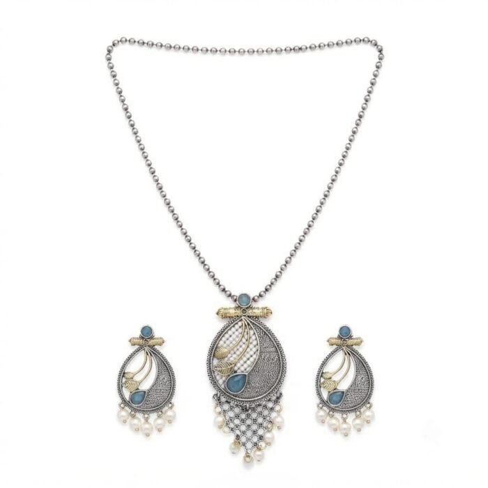 Oxidised Silver Blue Stone Necklace Set 4