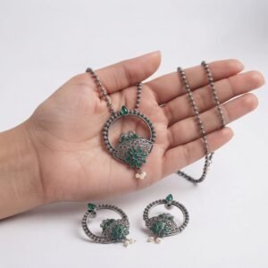 Oxidised Silver Green Stone Necklace Set for Women