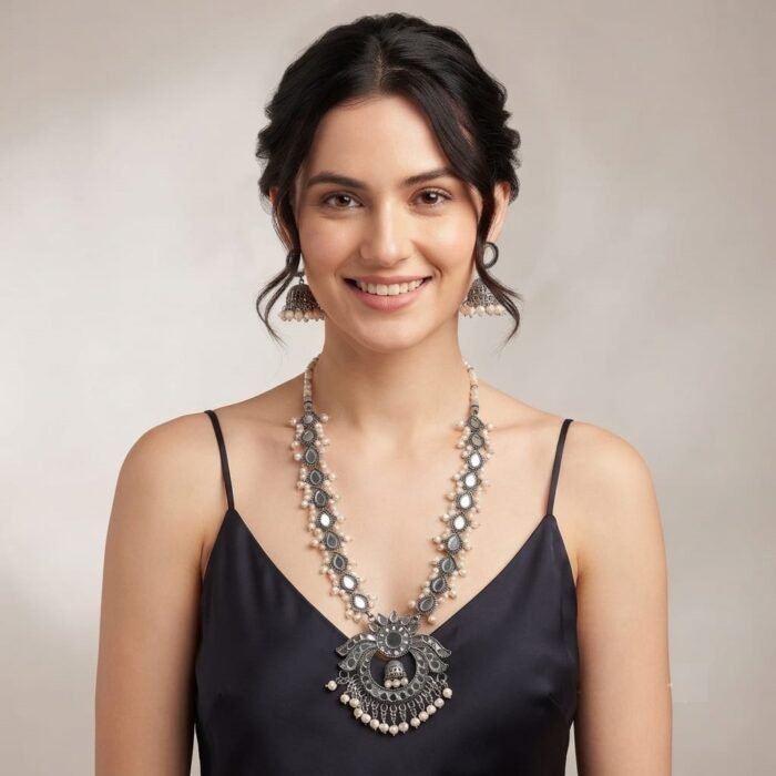 Oxidised Silver Mirror Work Pearl Necklace Set 2