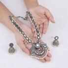 Oxidised Silver Mirror Work Pearl Necklace Set 1