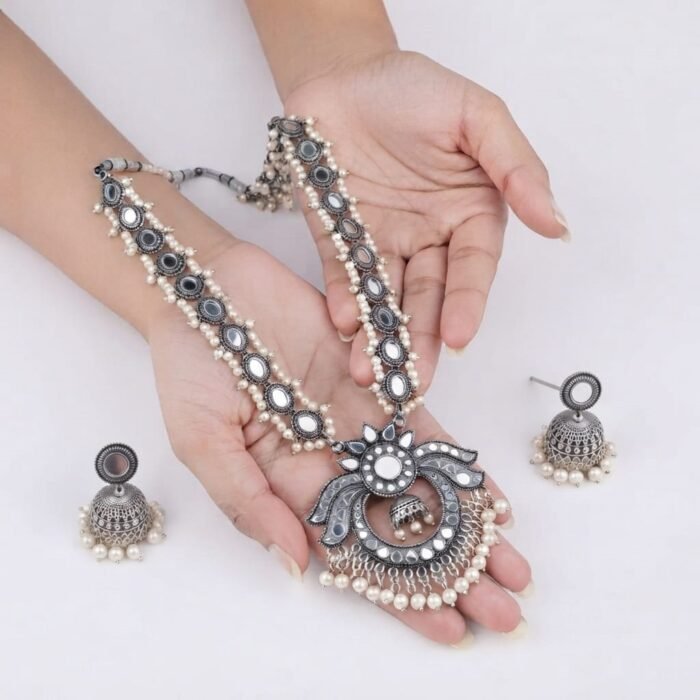 Oxidised Silver Mirror Work Pearl Necklace Set 1