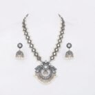 Oxidised Silver Mirror Work Pearl Necklace Set 1