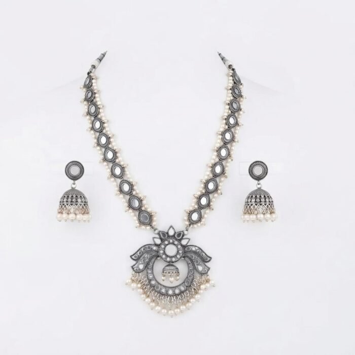 Oxidised Silver Mirror Work Pearl Necklace Set 1