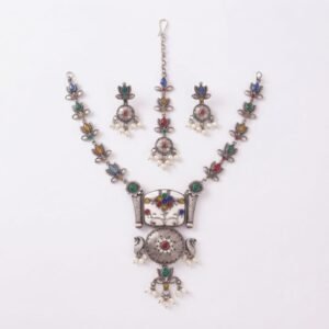 Oxidised Silver Multicolor Necklace Set with Maang Tikka