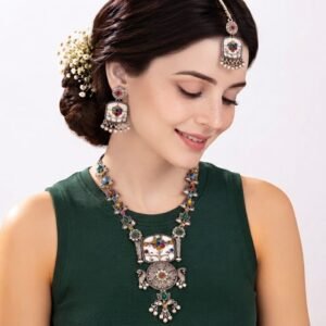 Oxidised Silver Multicolor Necklace Set with Maang Tikka
