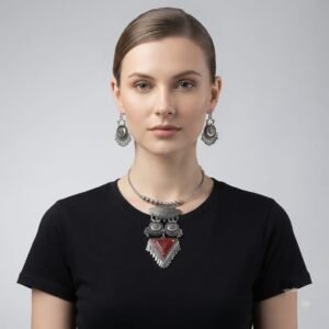 Oxidised Silver Red Triangle Pendant Necklace Set with Traditional Earrings