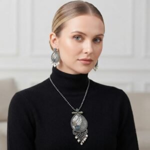Oxidised Silver Blue Stone Necklace Set