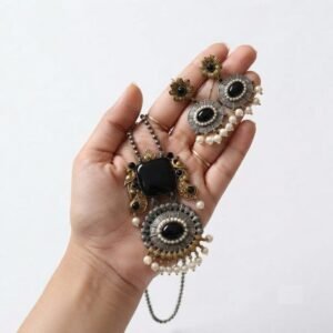 Oxidised Silver Black Stone Pearl Necklace & Earrings Set