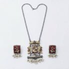 Oxidised Silver Red Stone Pearl Drop Necklace 2