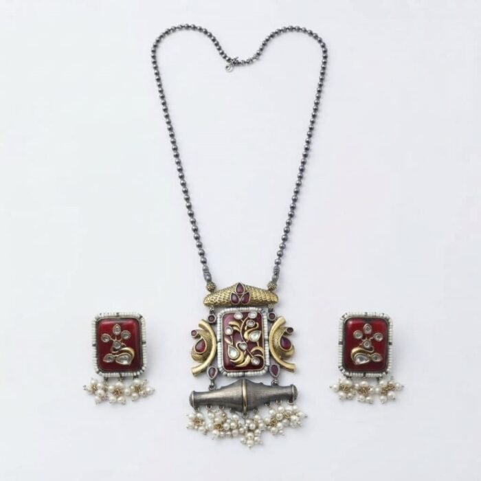 Oxidised Silver Red Stone Pearl Drop Necklace 2