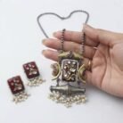 Oxidised Silver Red Stone Pearl Drop Necklace Set 3