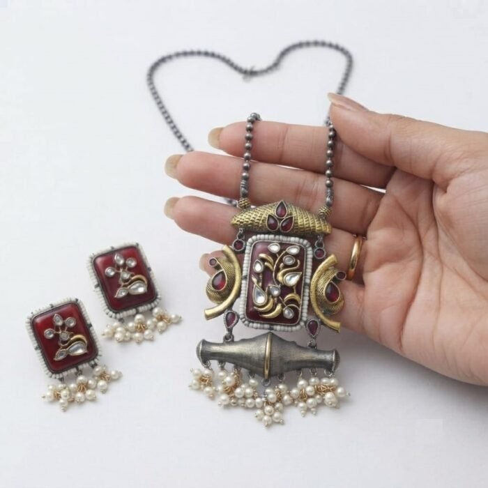 Oxidised Silver Red Stone Pearl Drop Necklace Set 3